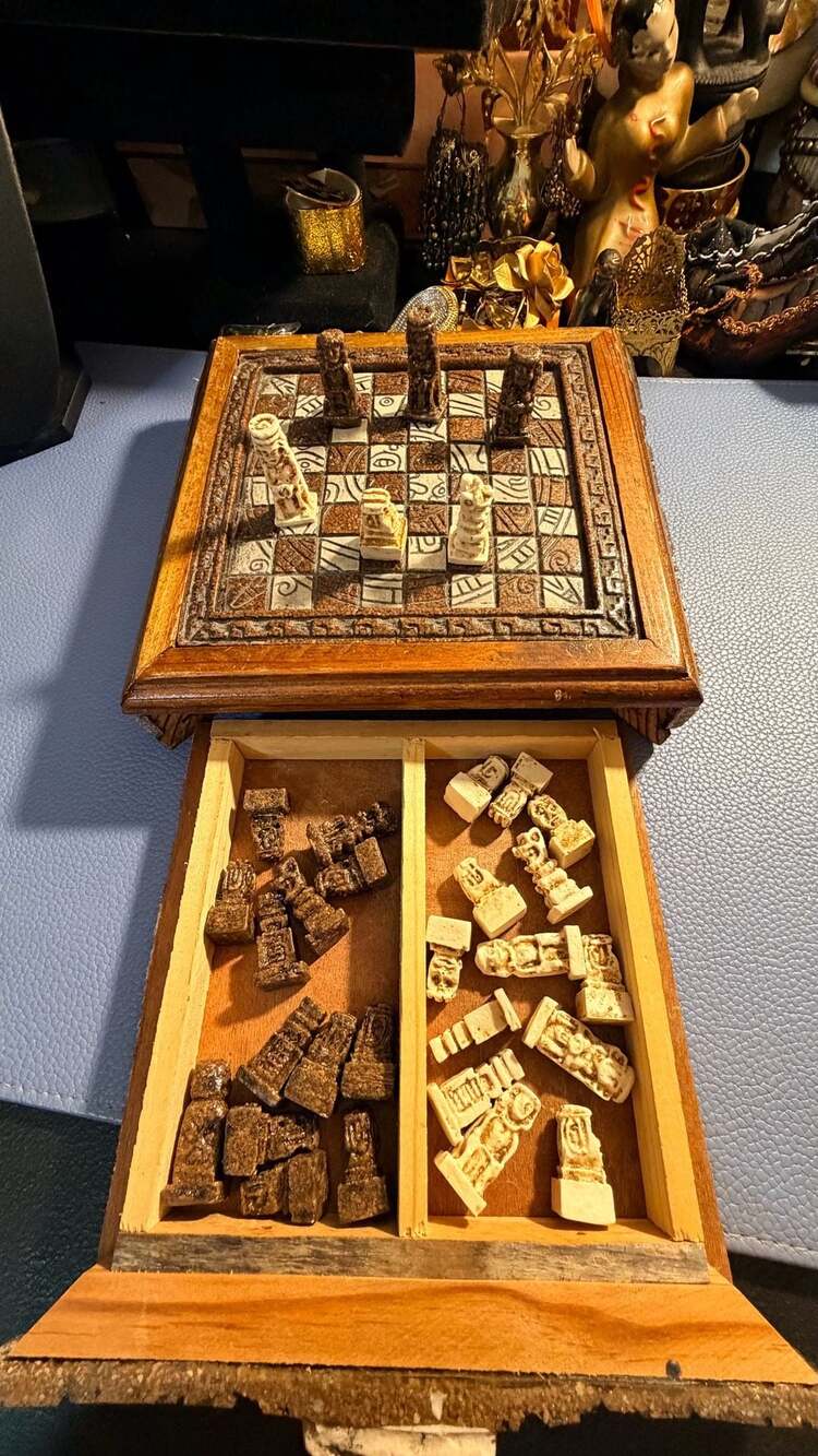 Handmade Mayan Aztec Themed Wooden Chess Set with Carved Stone Pieces